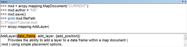 Screen capture of AddLayer syntax in Python window Screen capture of AddLayer syntax in Python window